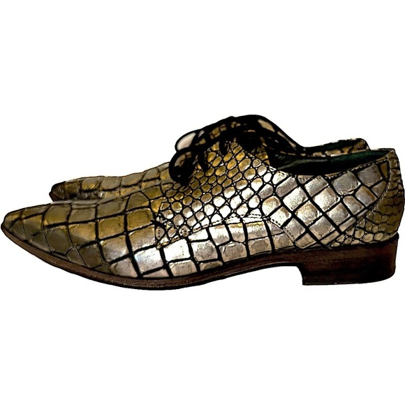 Vintage Moma Italian Leather, Croc Print imbosed Silver Oxford Lace up Shoes - Picture 2 of 5